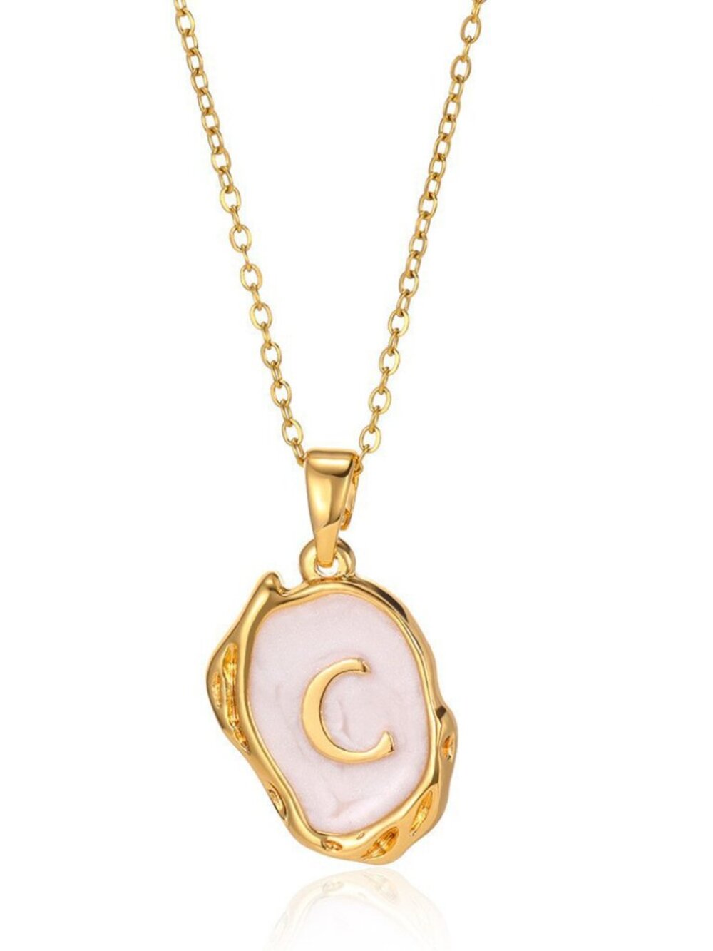 Initial C Necklace Pendant Gold Plated Adjustable Chain Pearl Shell Look Gift